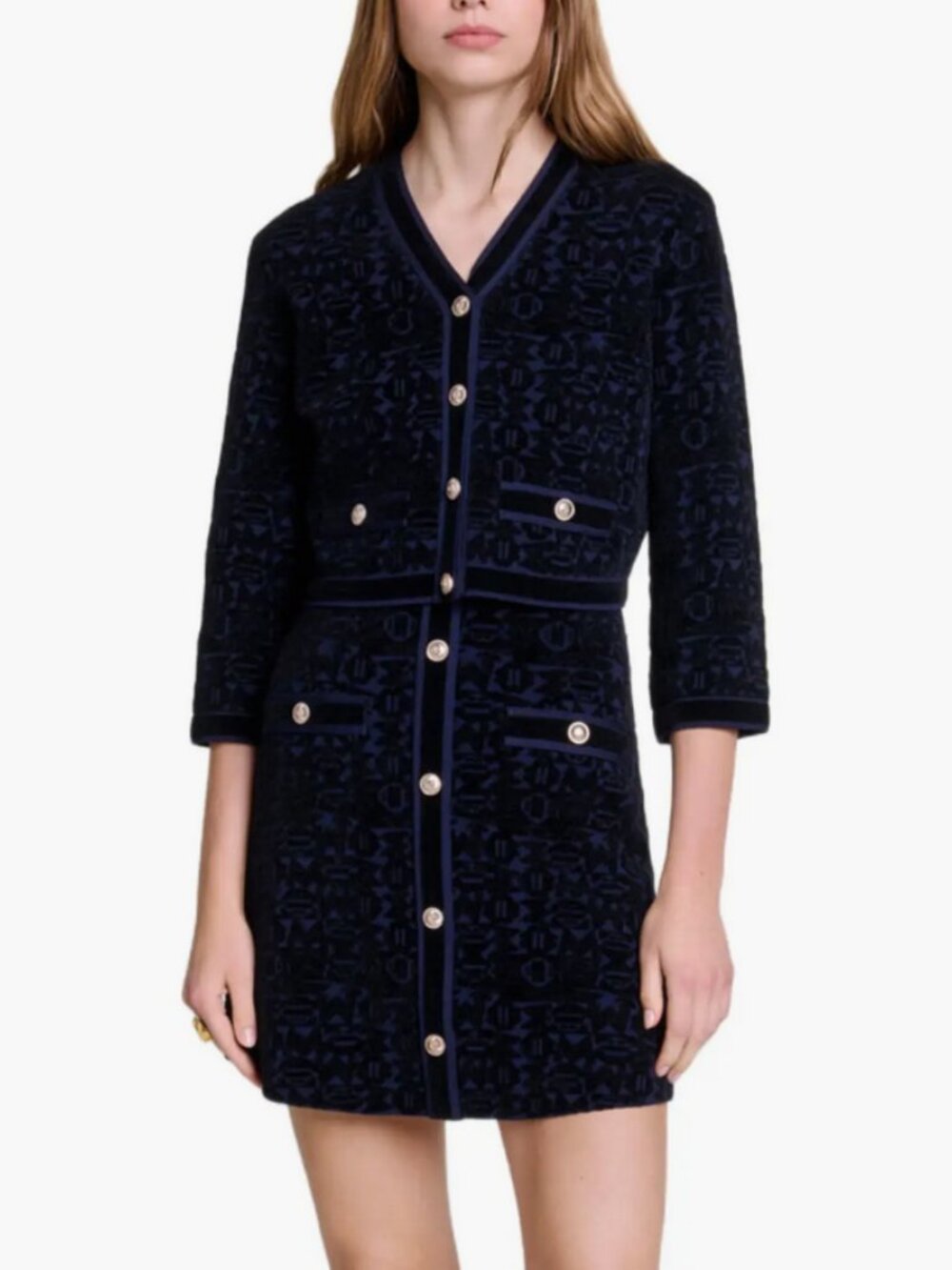 Maje Reverie 2-in-1 Velvet Knit Dress Womens 42 (US XL) Black/Blue Jacquard NEW